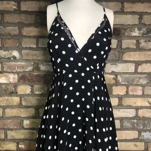 Polka Dot Sundress Dress V-Neck Lace Detail Strappy Pinup Flirty